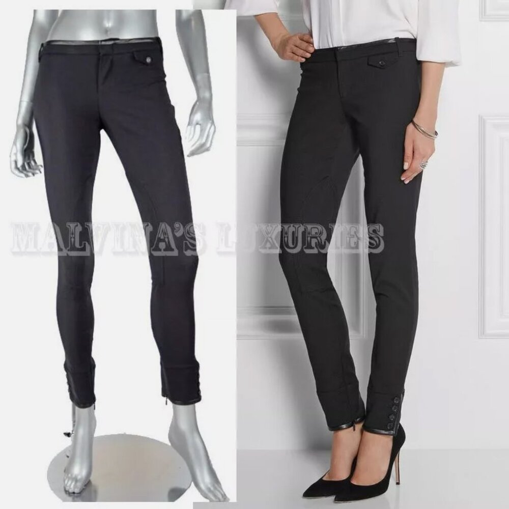 GUCCI RIDING PANTS SKINNY LEATHER TRIM BLACK COTTON BUTTONED HEMLINE IT 38 US 2